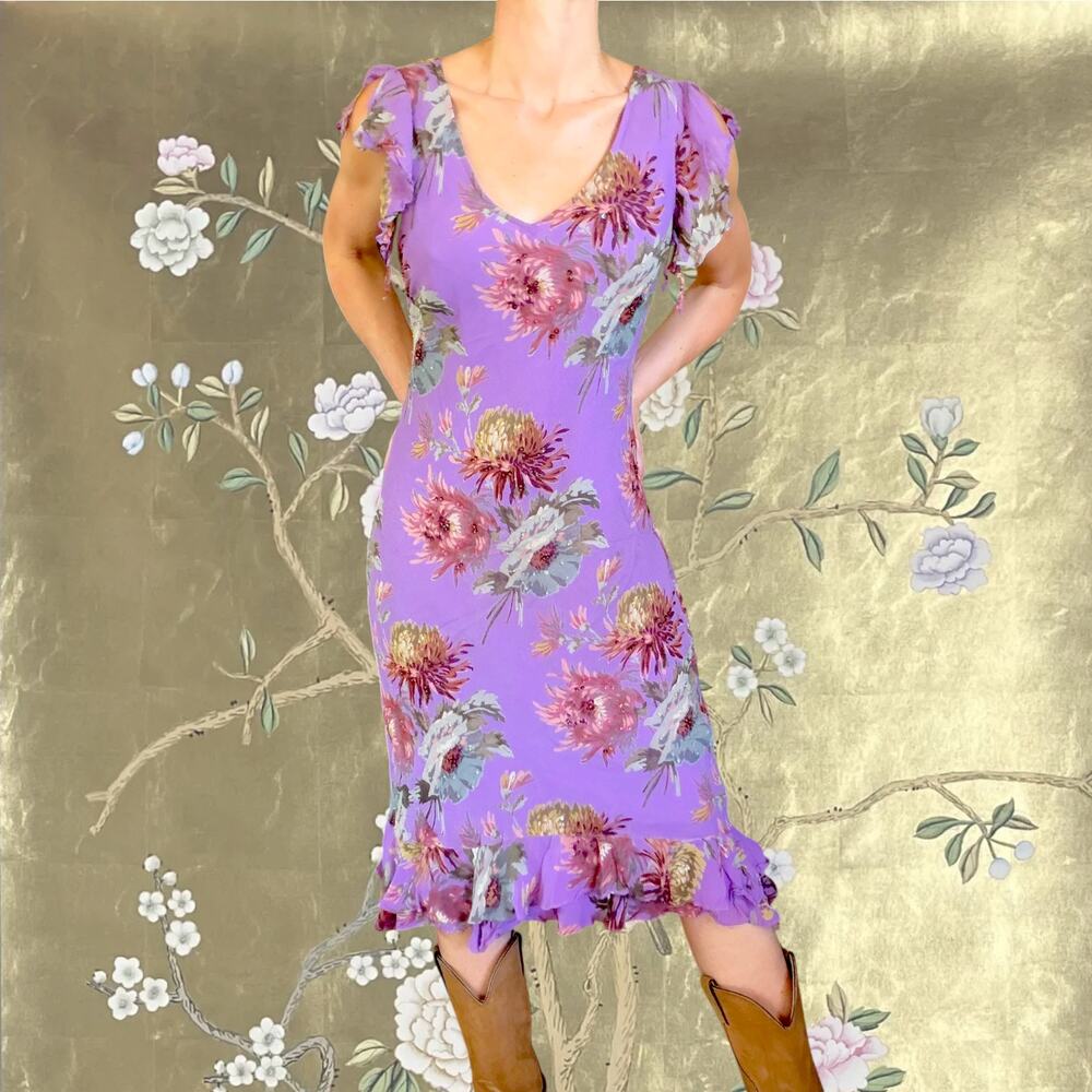 Vintage 90s Lavender Floral Bias Cut Dress, Beaded Chiffon Midi, Fairycore